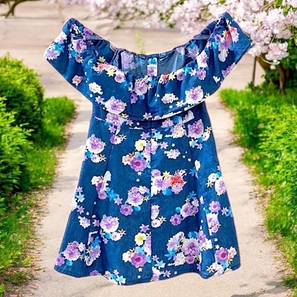 NEW Diva USA Floral Chambray Blue Flutter Sleeve Dress - Picture 11 of 16